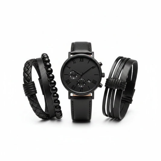 Men's Luxury Black Leather Watch & Bracelet Gift Set
