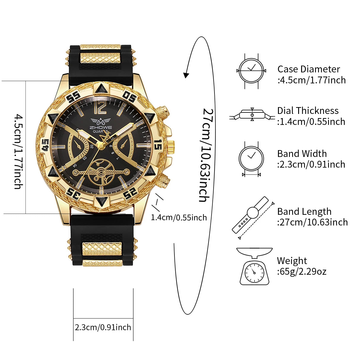 Men's Arabic Dial Quartz Watch Set with Necklace (4pcs)