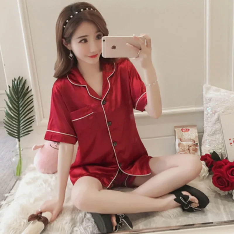 Ice Silk Cardigan Pajama Set