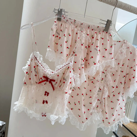 Women's 4-Piece Lace Trim Silk Pajama Set
