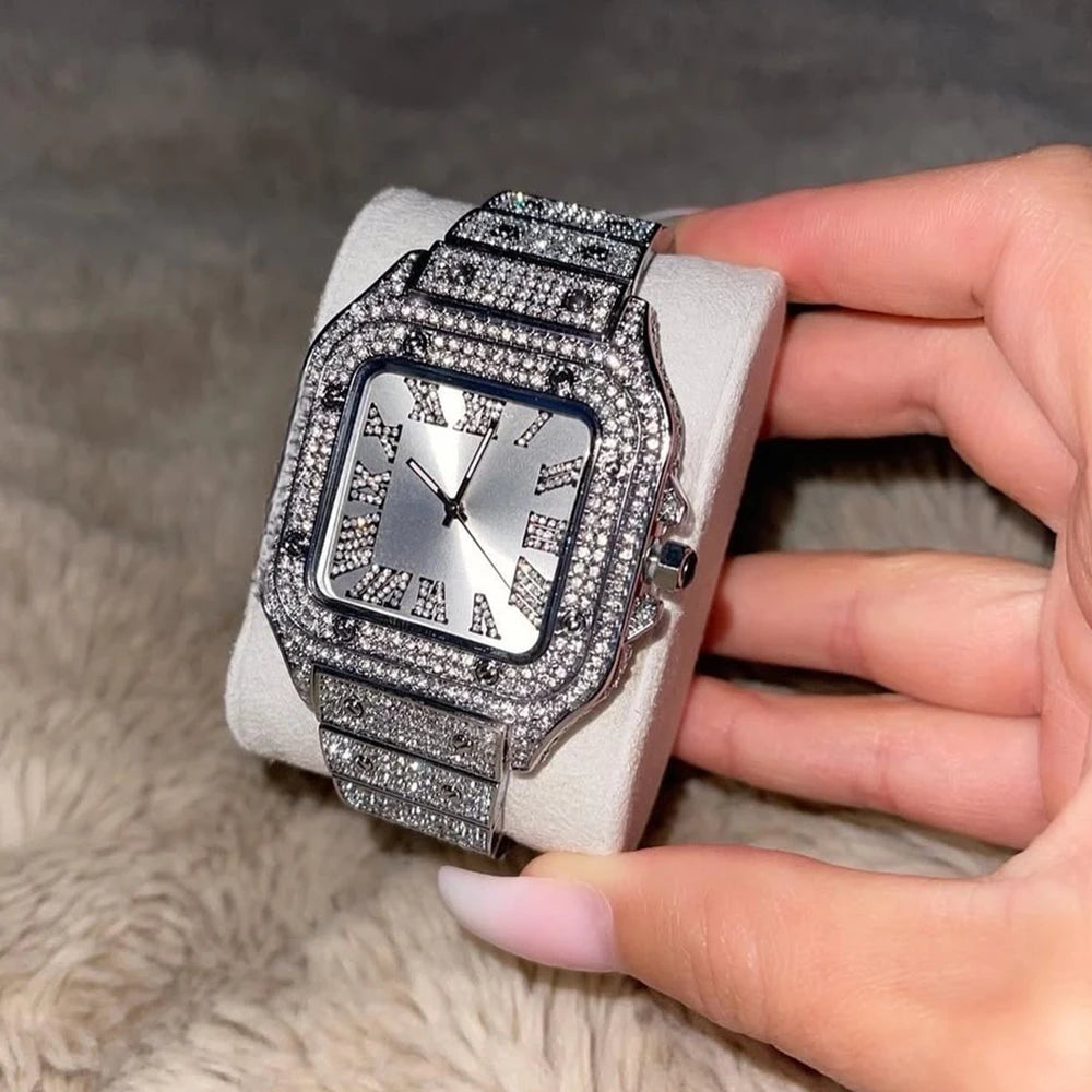 Women's Iced Diamond Square Quartz Watch
