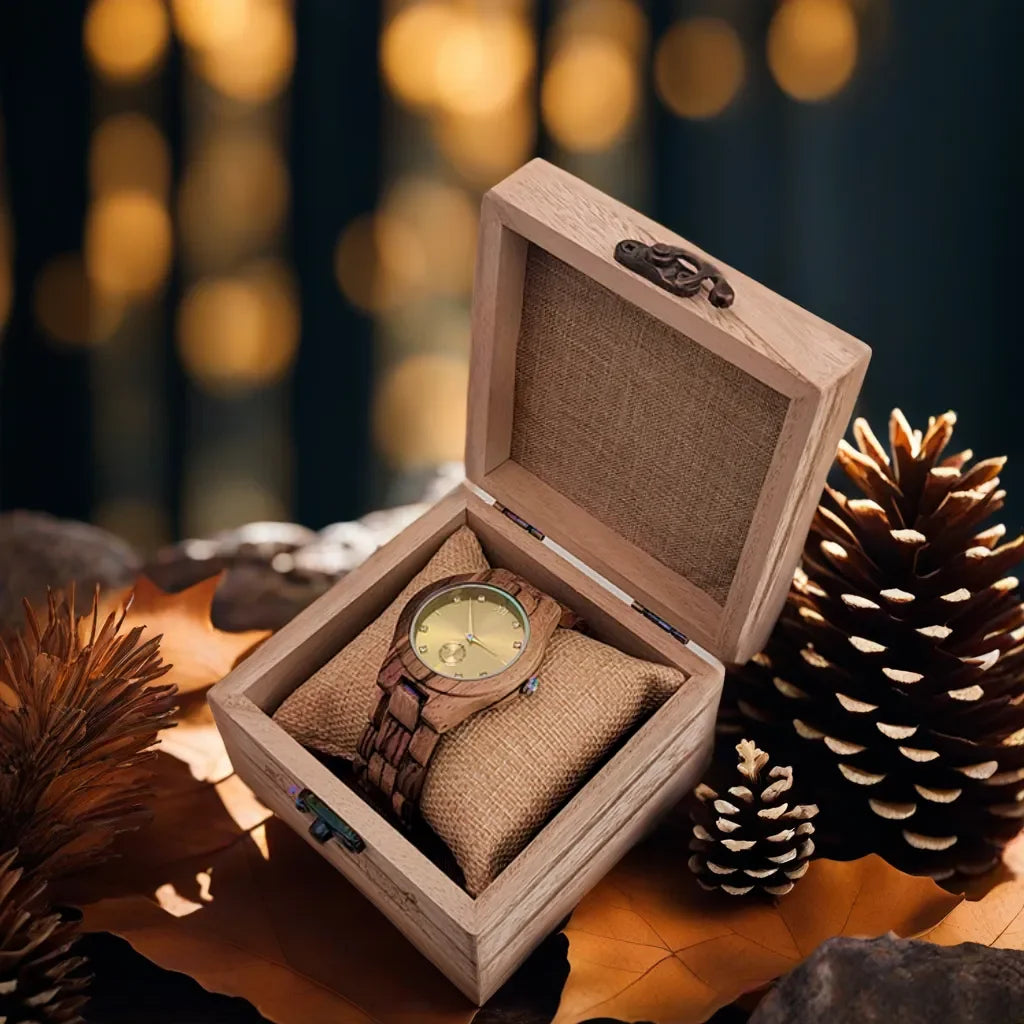Women's Wood & Diamond Dial Quartz Watch
