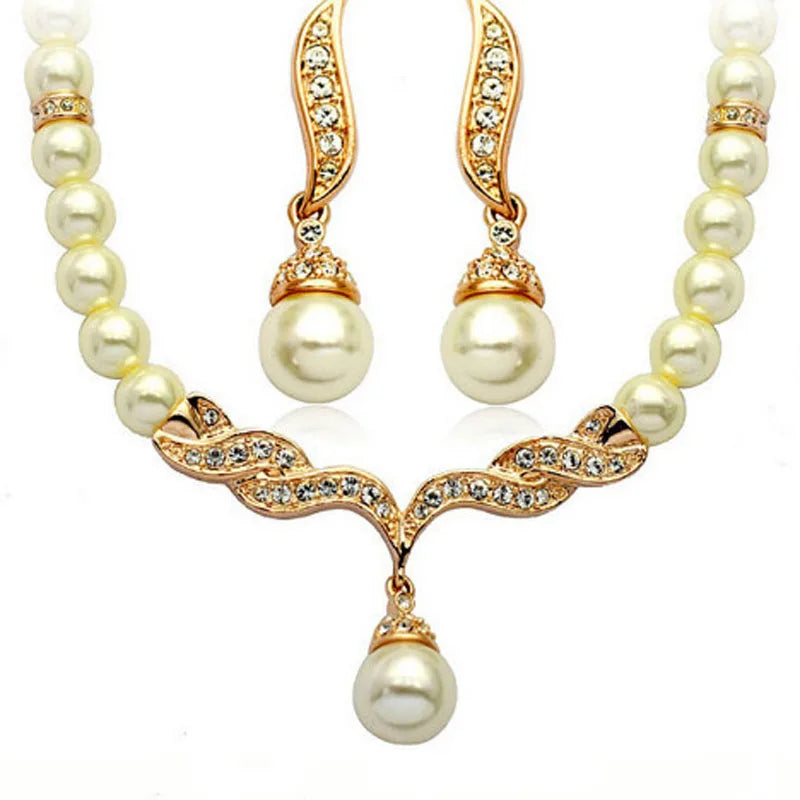 Gold Pearl Necklace Earring Set