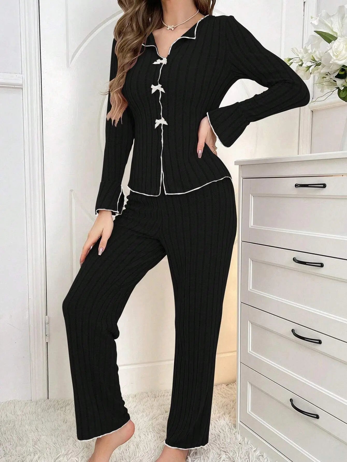 Flannel Bow Women Pajama Set