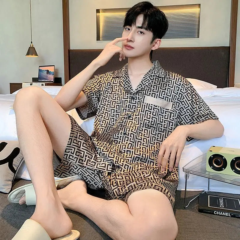 Men's Ice Silk Short Sleeve Pajama Set