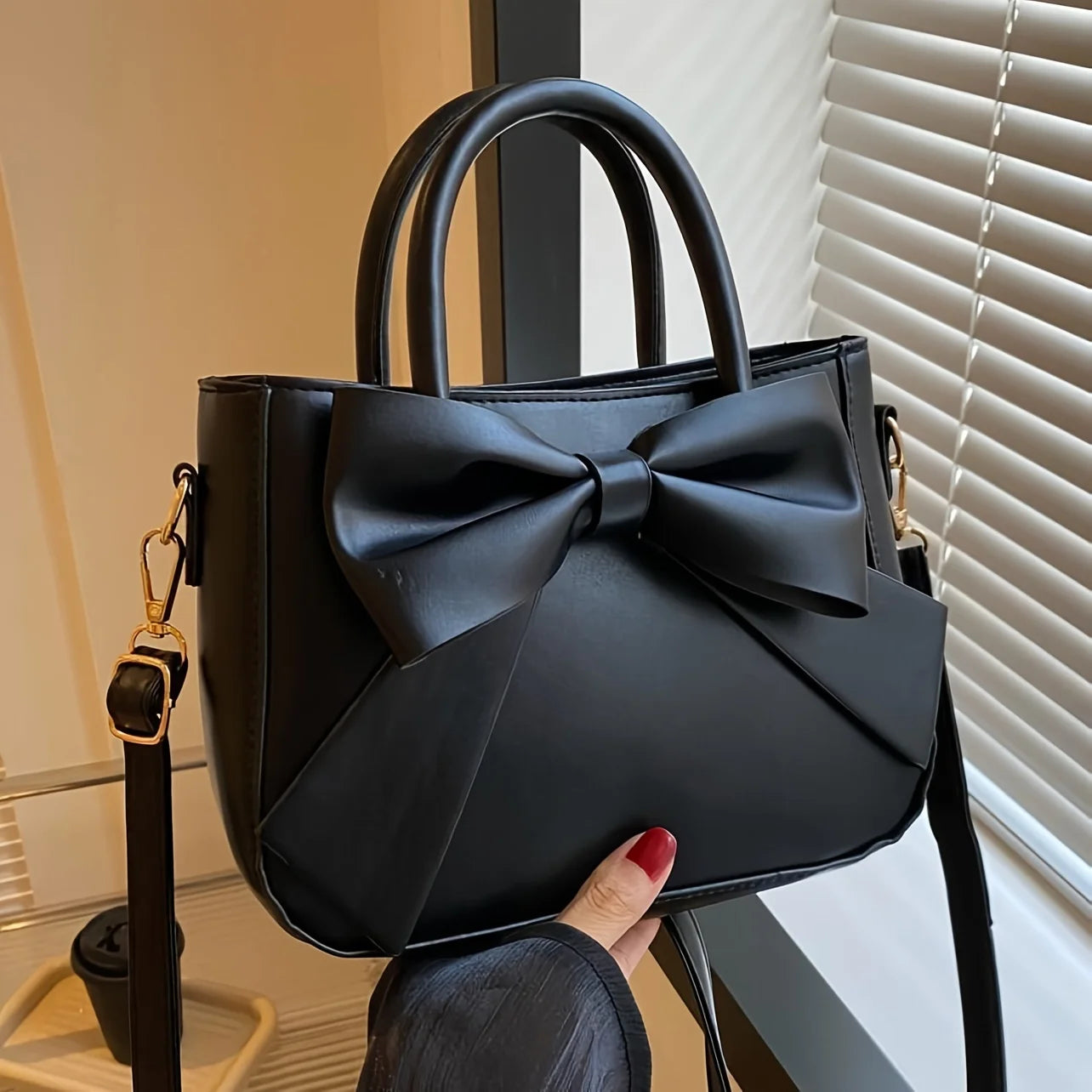 Black Bow Handbag with Gold Hardware