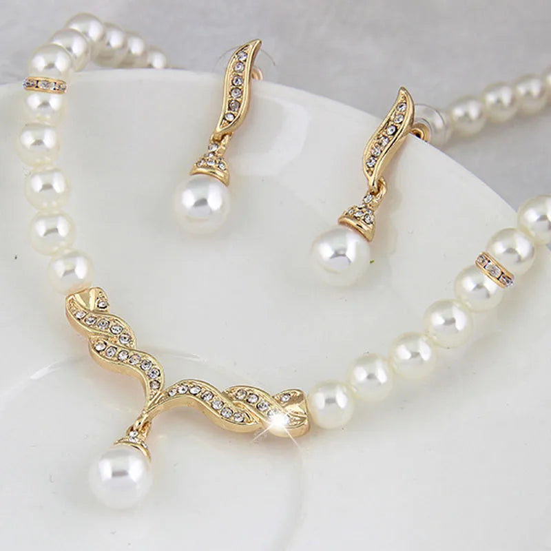 Gold Pearl Necklace Earring Set