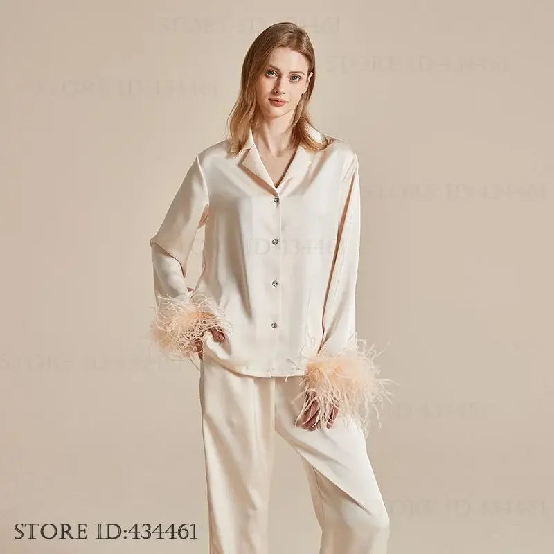 Women's Feather Silk Satin Pajama Set