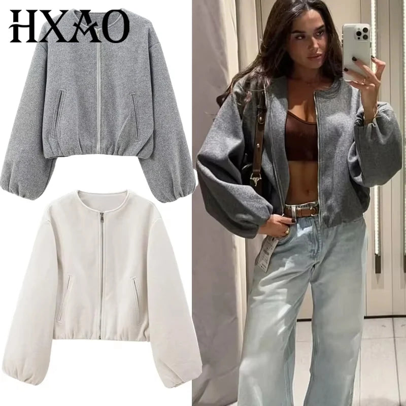 Cropped Faux Wool Bomber Jacket