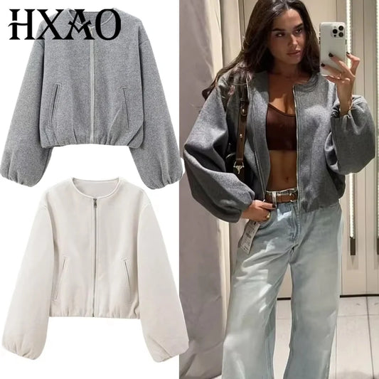 Cropped Faux Wool Bomber Jacket