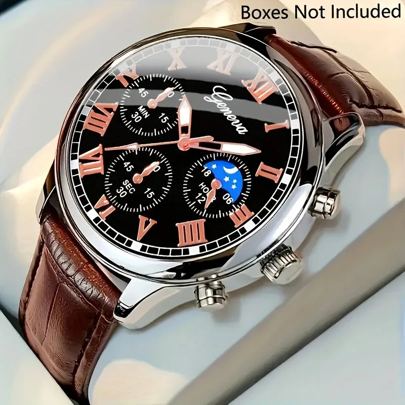 Men's PU Leather Quartz Watch & Bracelet Set