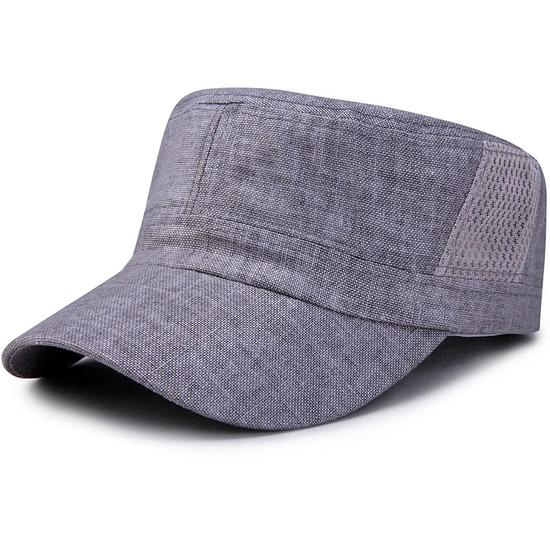 Unisex Linen Flat Top Military Sun Hat