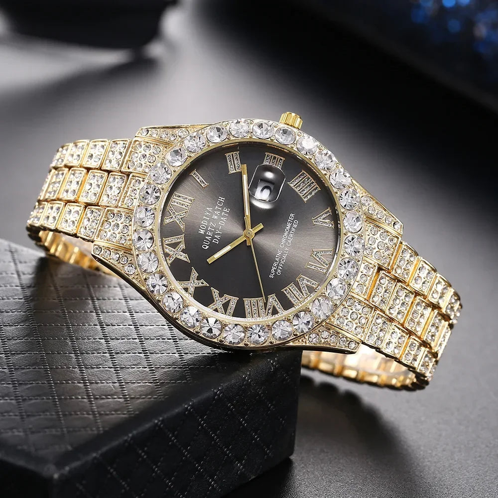 Men's Gold Diamond Rhinestone Quartz Watch