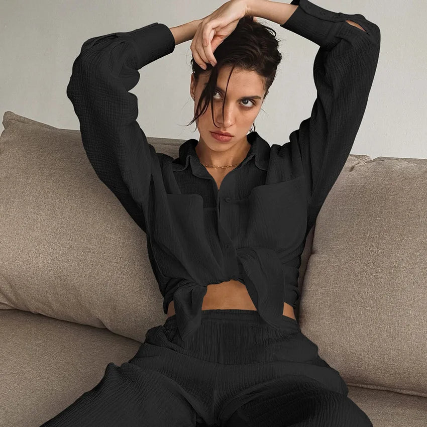 Women's Wide Leg Blouse Pajama Set
