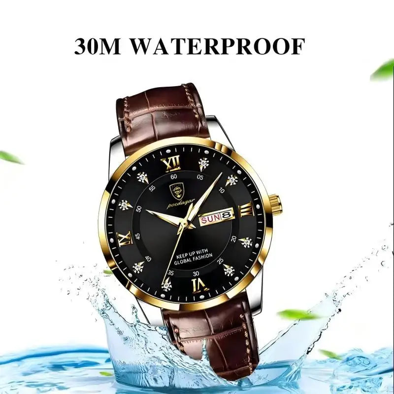 POEDAGAR Leather Quartz Watch