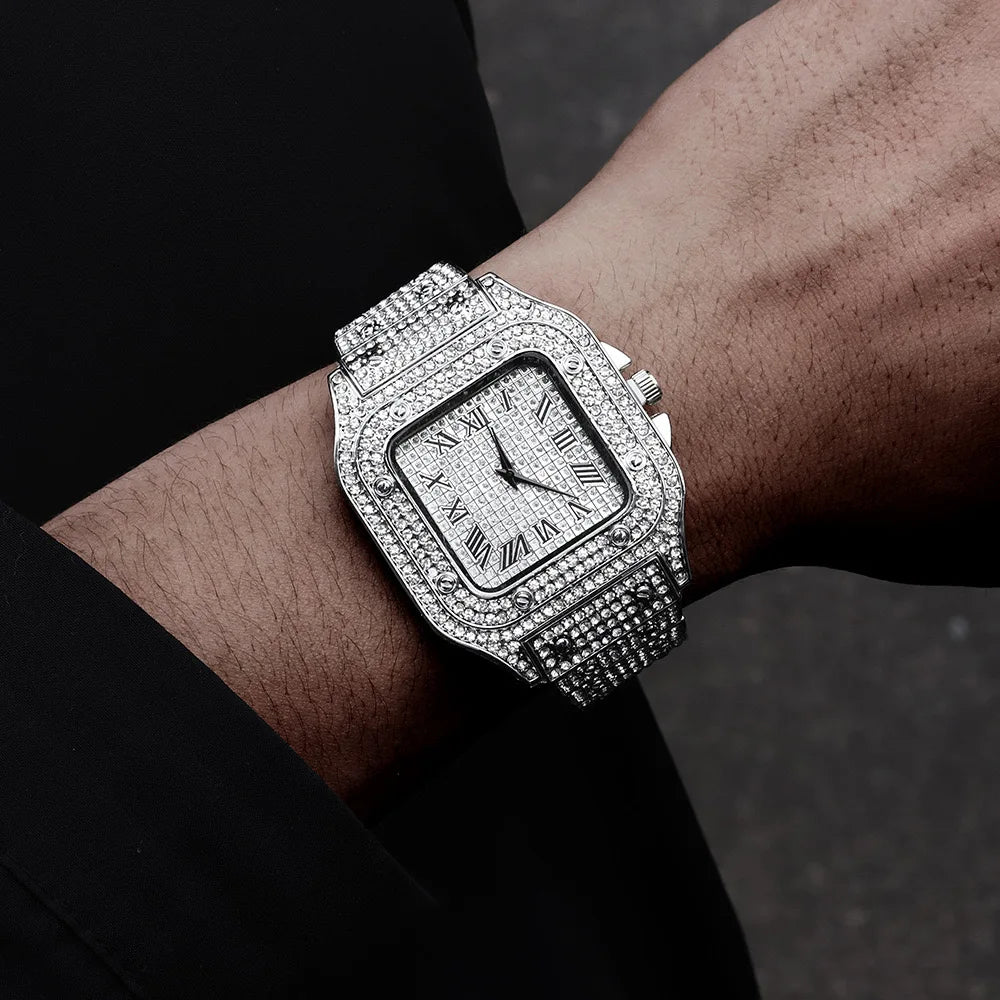 Men's Classic Square Rhinestone Steel Quartz Watch