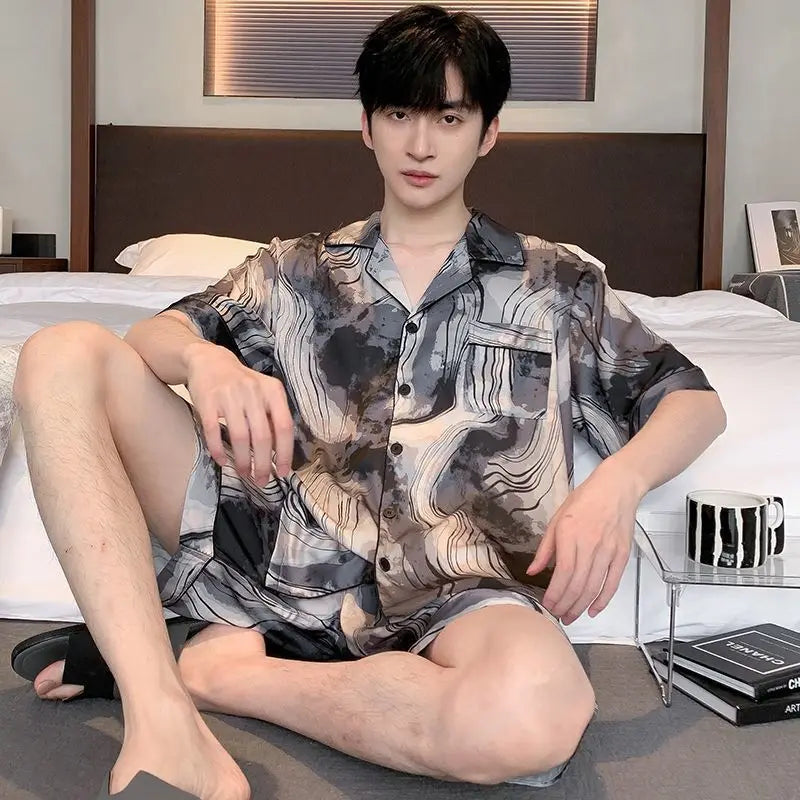 Men's Ice Silk Short Sleeve Pajama Set