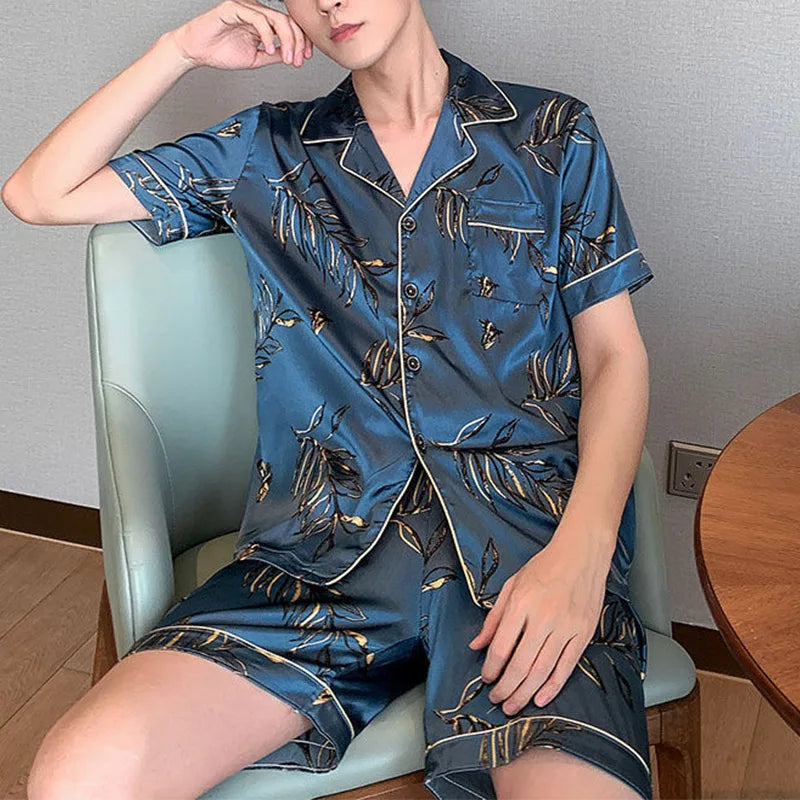 Men's Ice Silk Short Sleeve Pajama Set