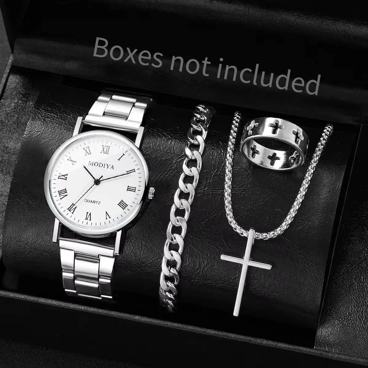 Men's Roman Dial Watch & Jewelry Set (4pcs)