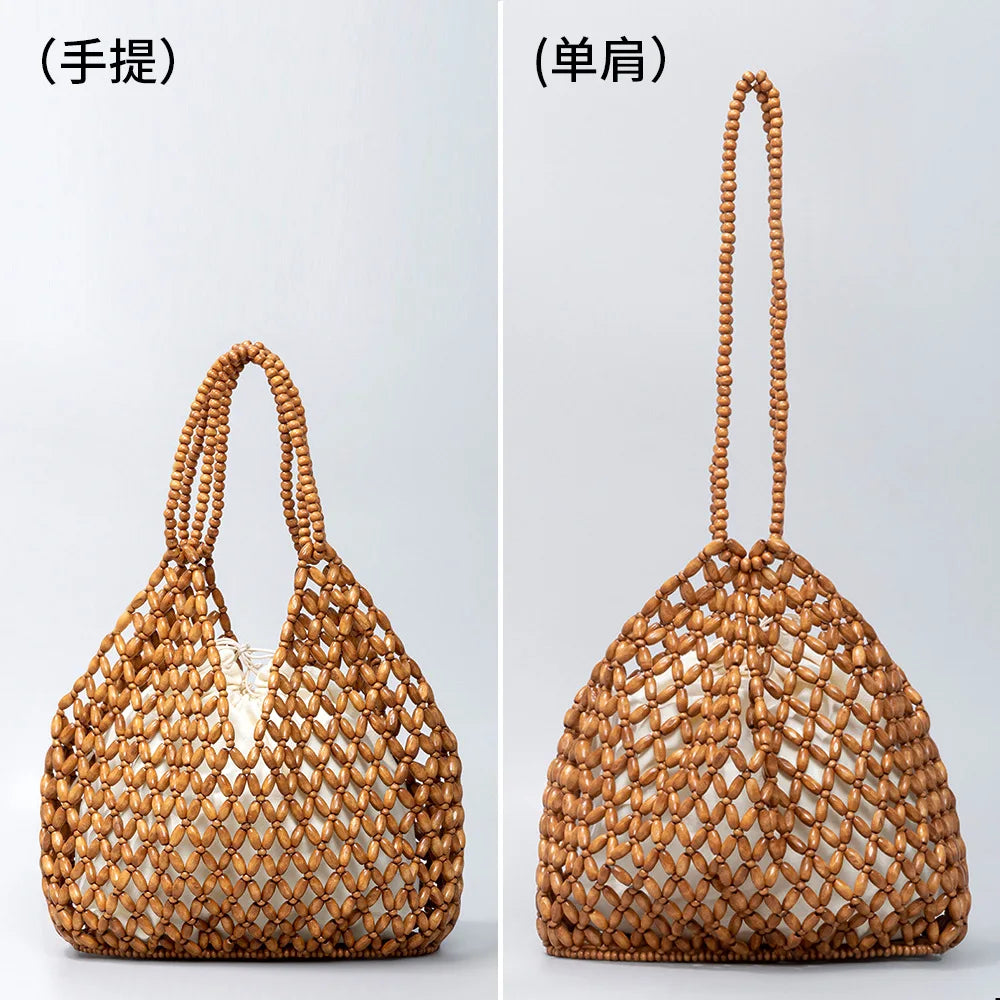 Women's Wooden Bead Bucket Shoulder Bag