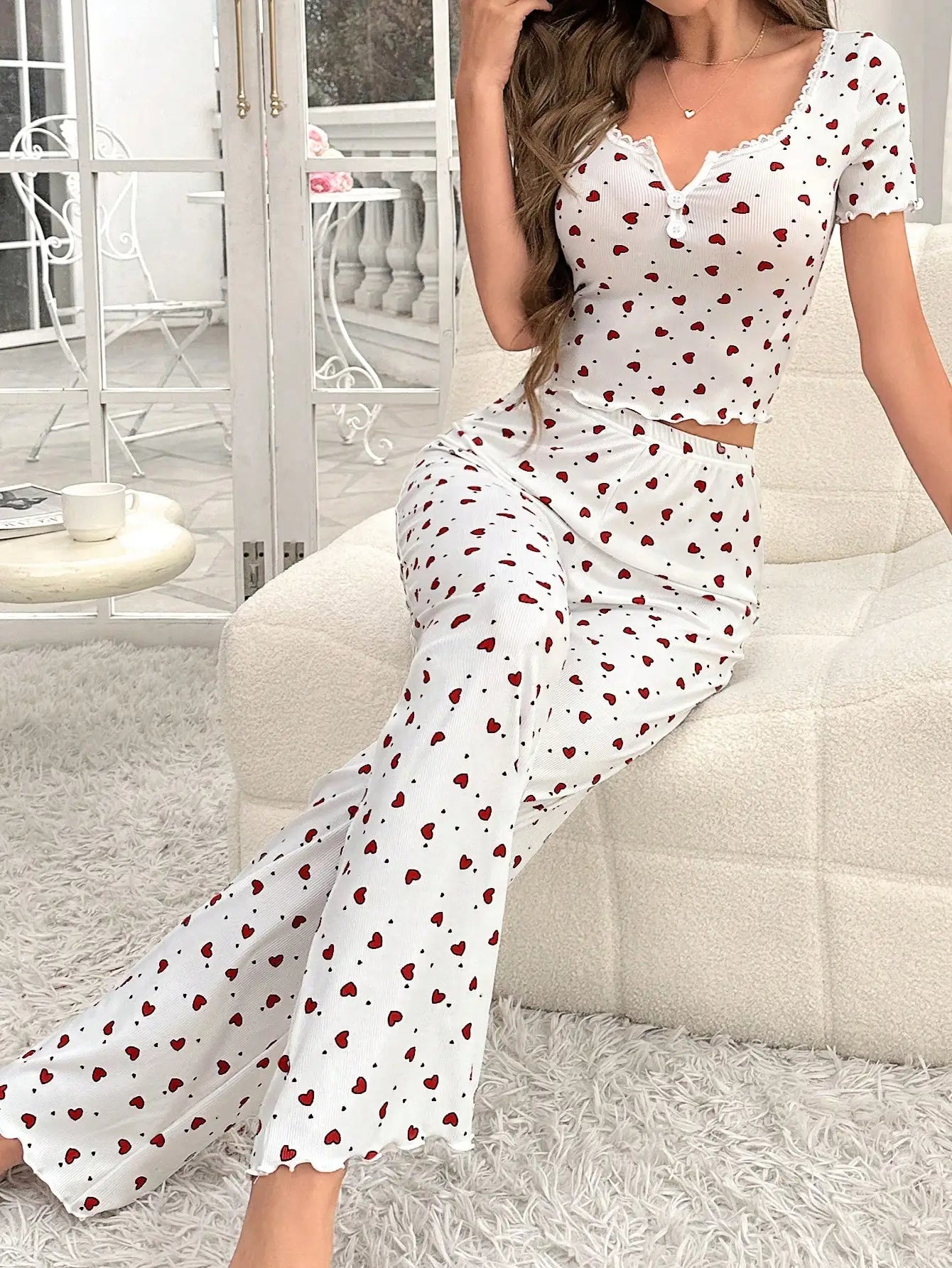 Women's Heart Print Short Sleeve Pajamas