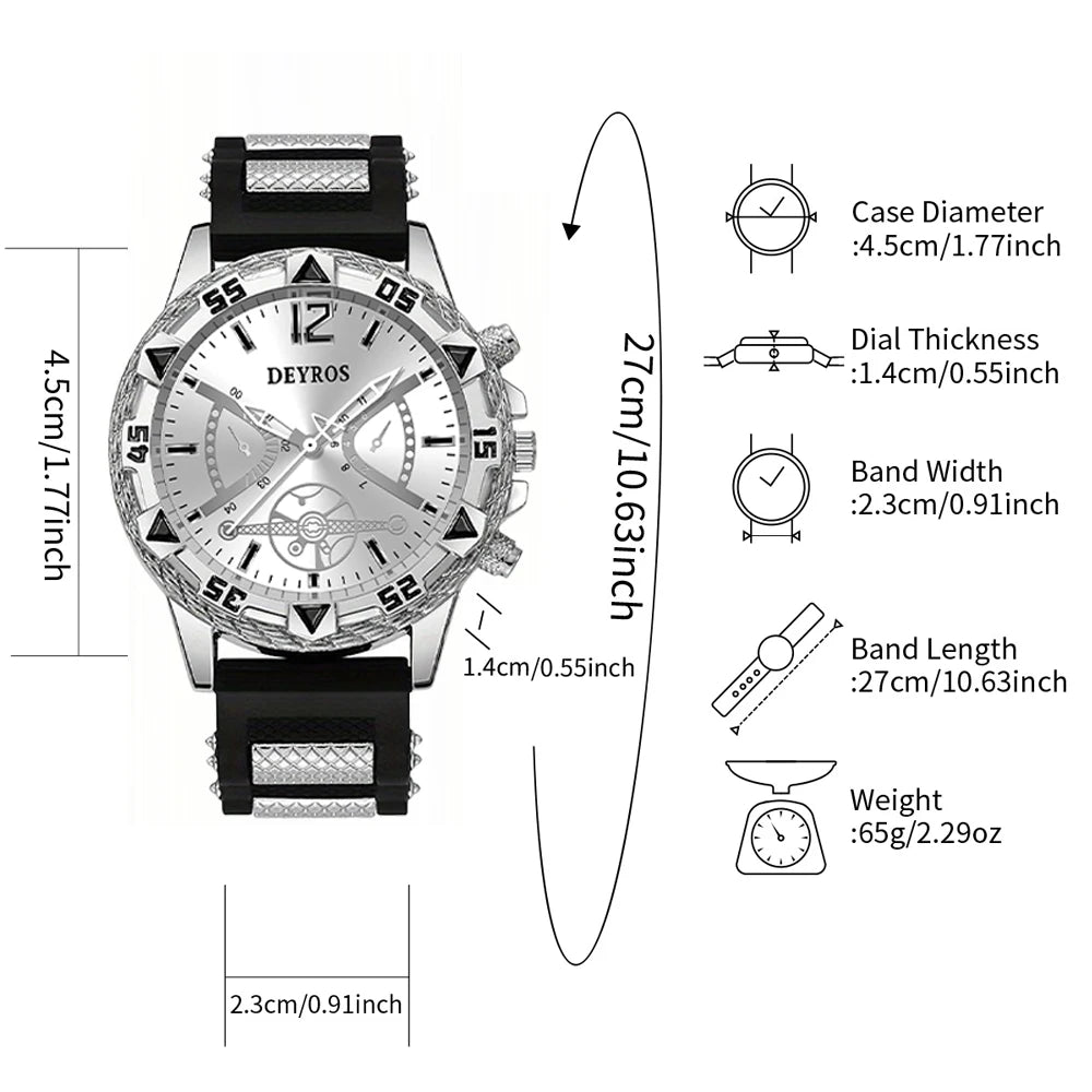 Men's Quartz Watch Set with Silicone Strap (2pcs)