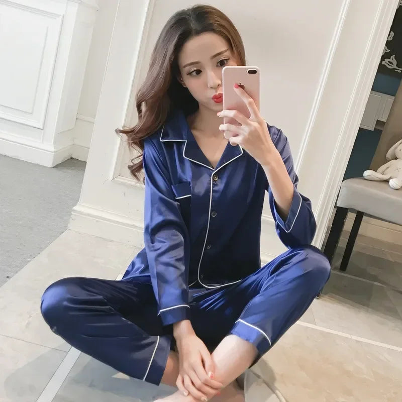 Ice Silk Cardigan Women Pajama Set