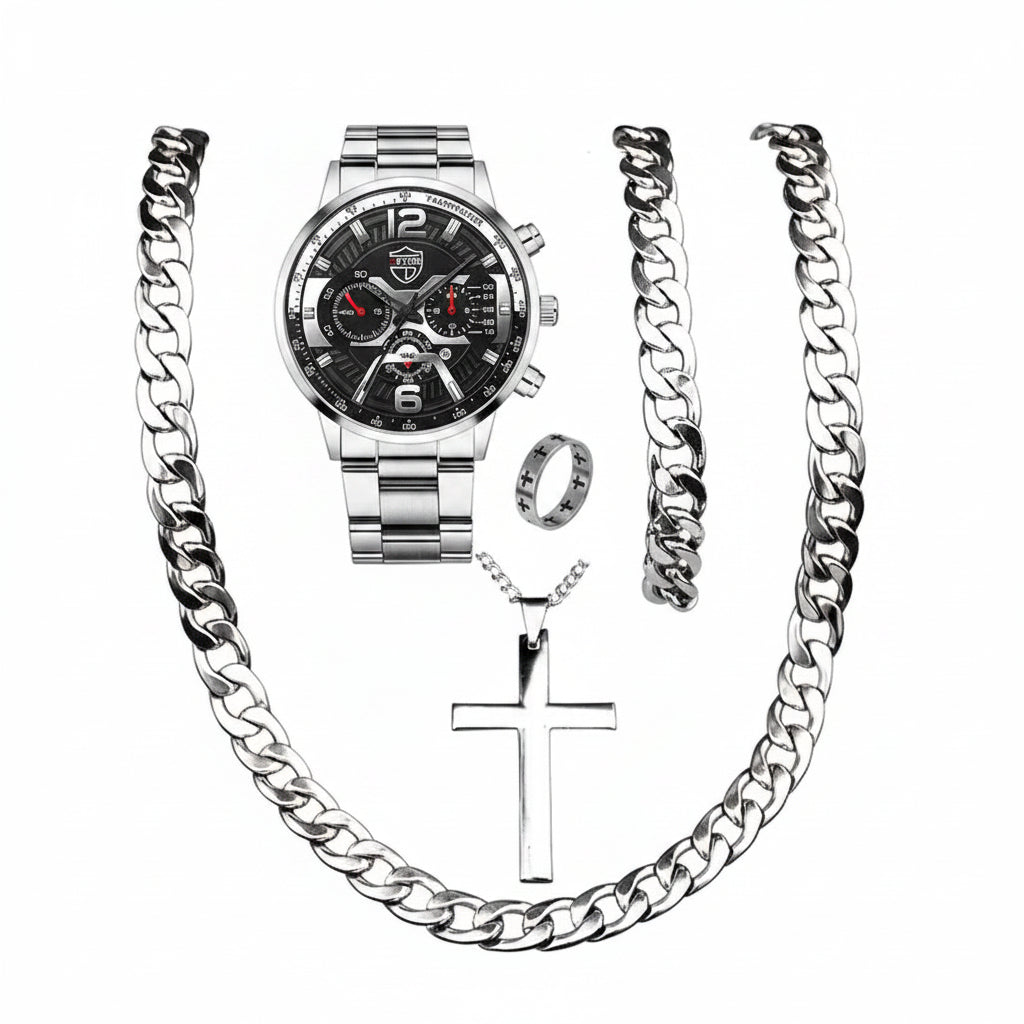 Men's Fashion Watch Set with Necklace & Bracelet (5pcs)