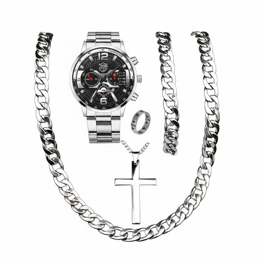 Men's Fashion Watch Set with Necklace & Bracelet (5pcs)