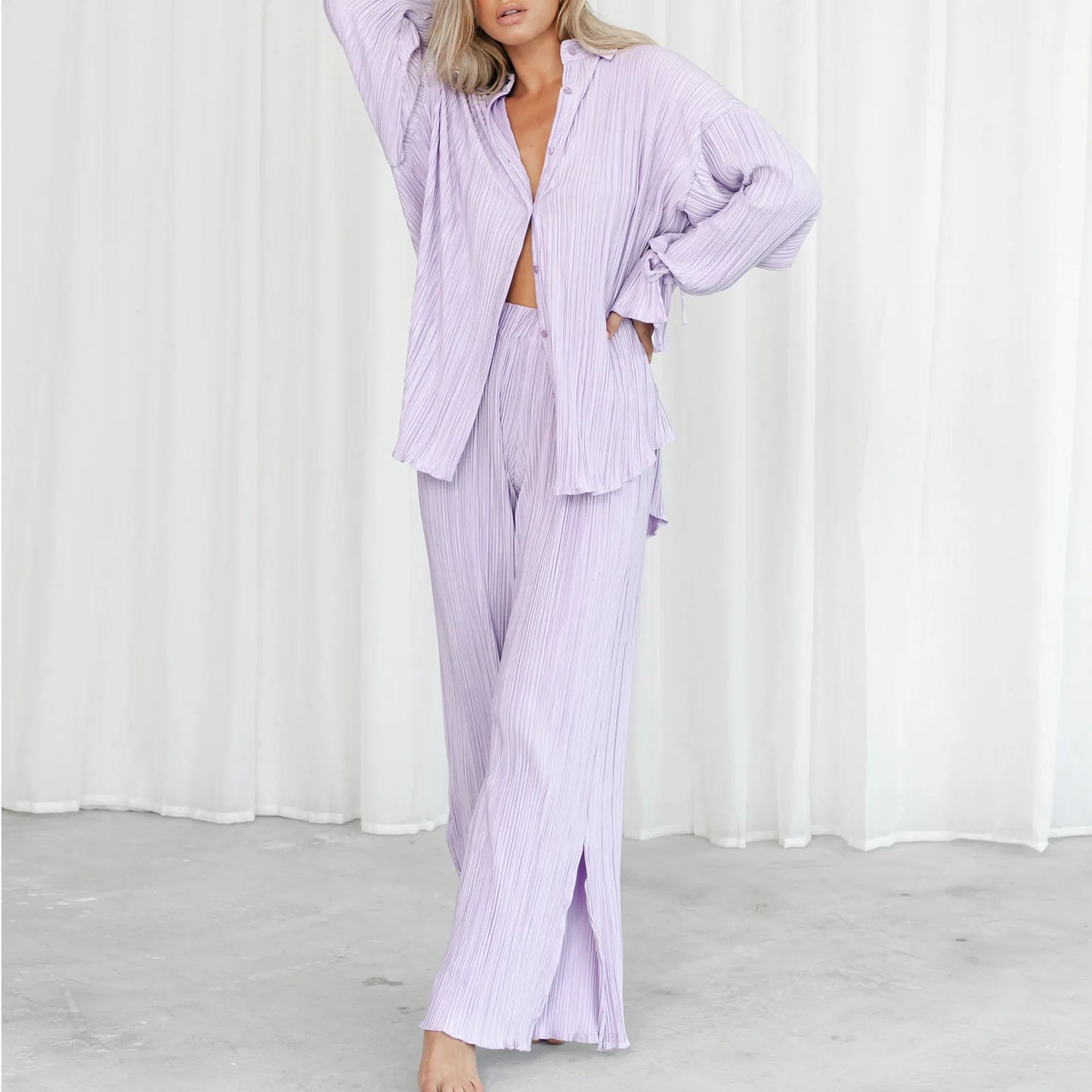 Women's Pleated Lapel Wide Pants Pajama Set