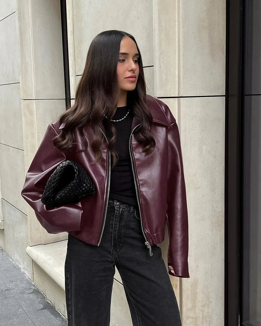 Wine Red Faux Leather Jacket
