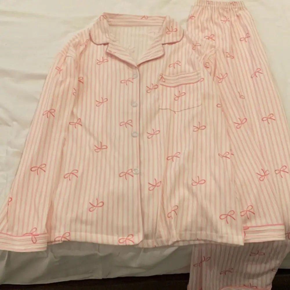 Women's Stripe Bow Korean Pajama Set