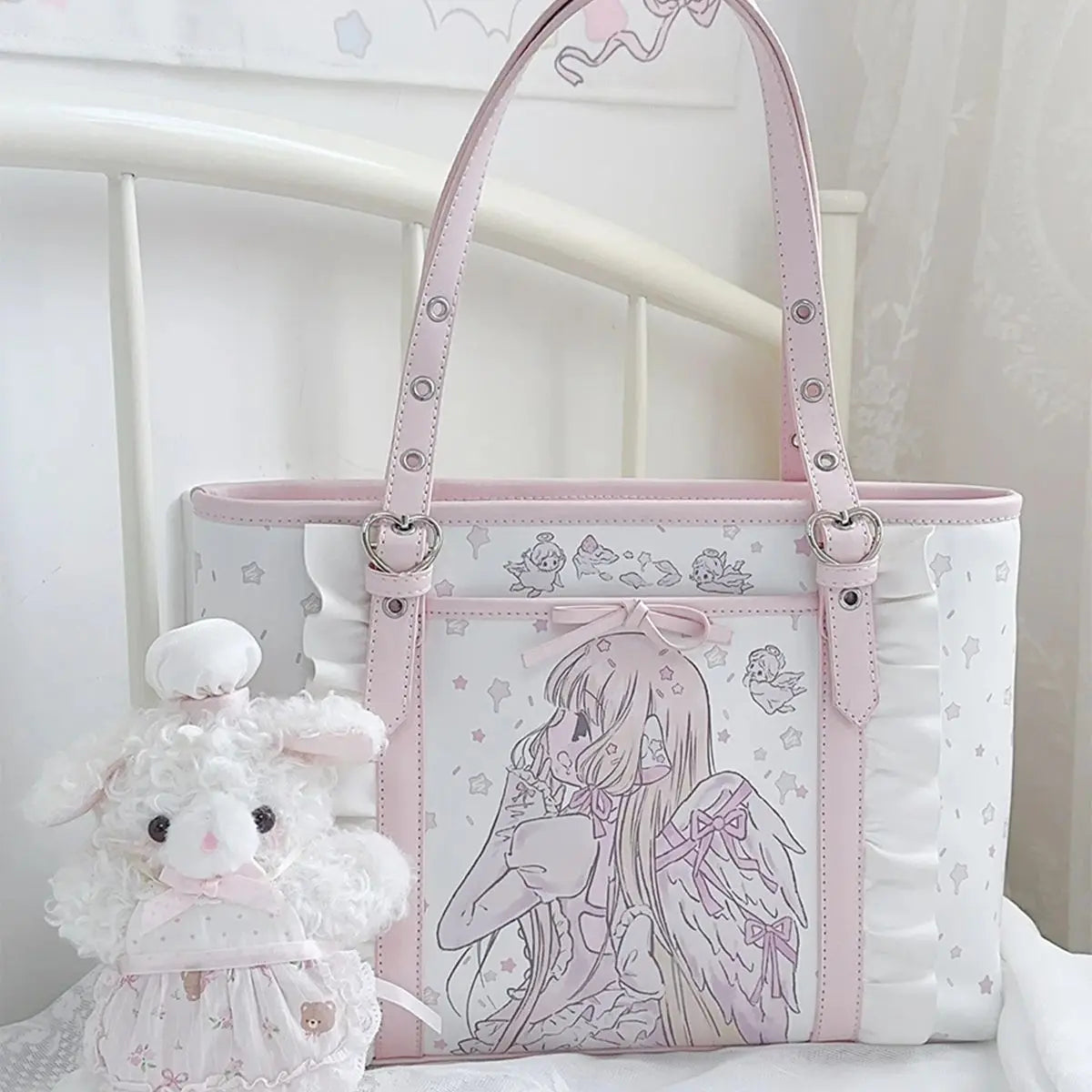 Cute Cartoon Pink PU Leather Tote Bag