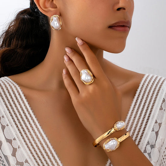 Baroque Bracelet Ring Earring Set