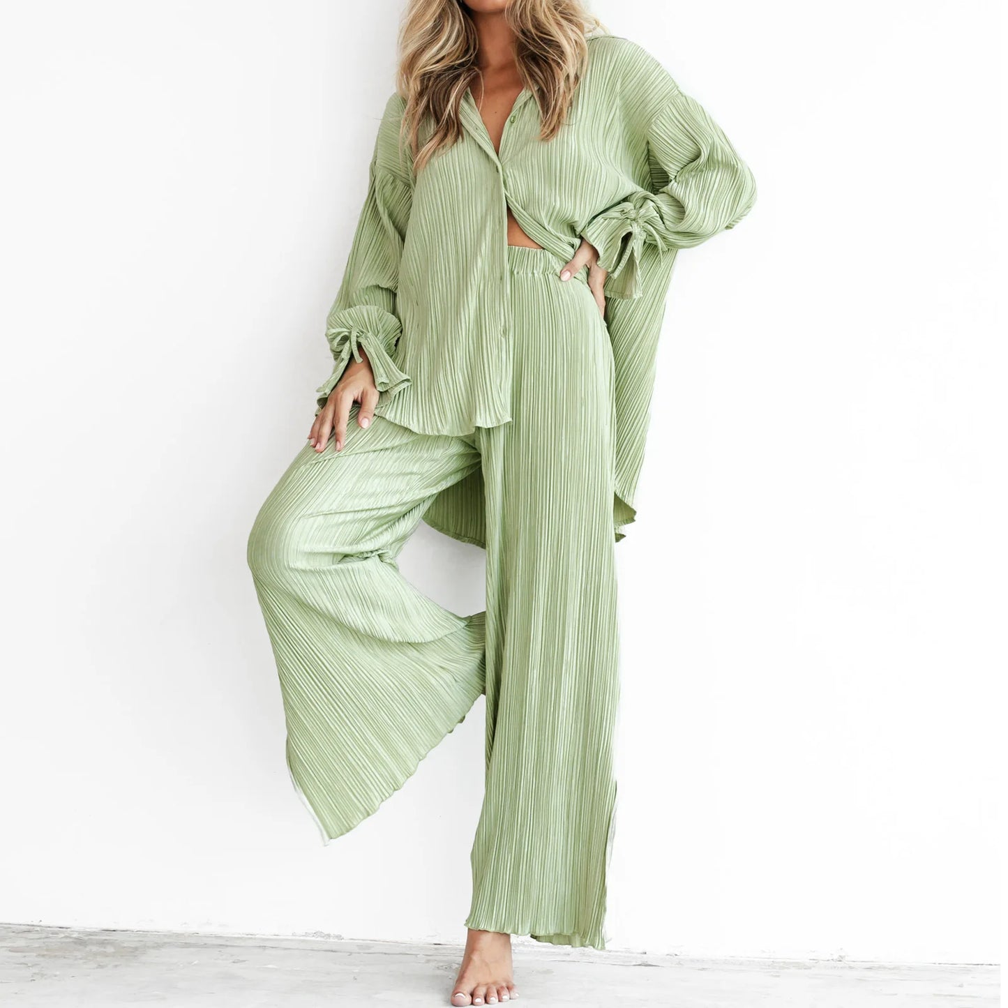 Women's Pleated Lapel Wide Pants Pajama Set