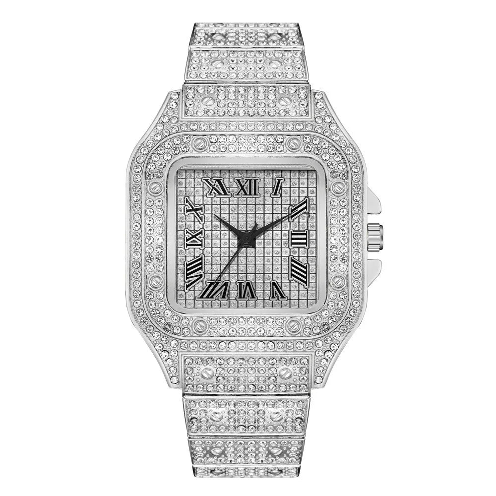 Men's Classic Square Rhinestone Steel Quartz Watch