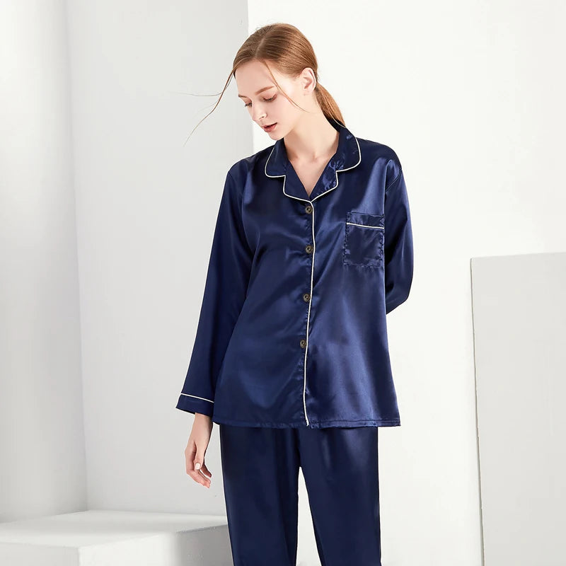 Satin Lapel Button Women Pajama Set