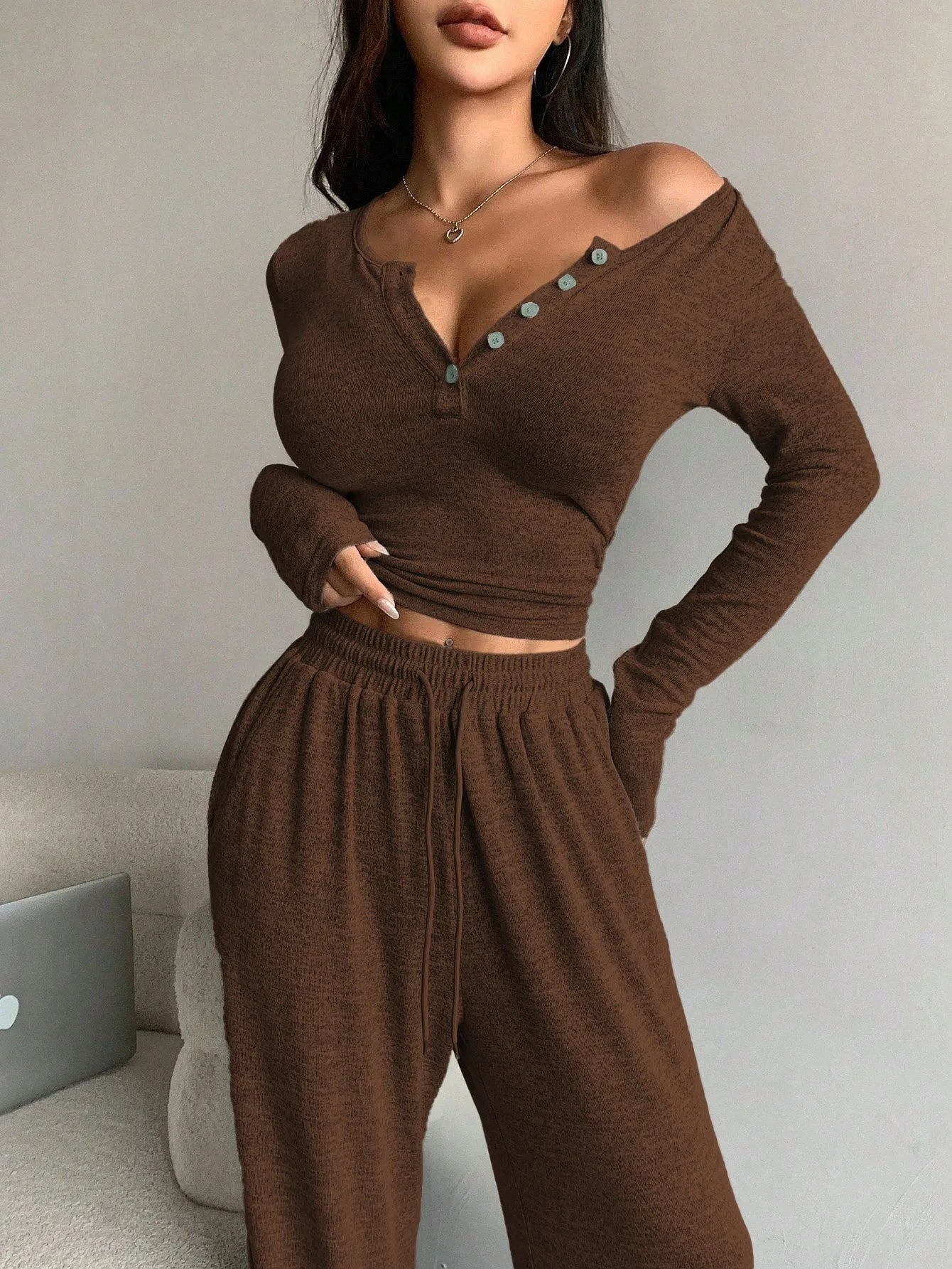 Women's V-Neck Button Drawstring Pajama Set