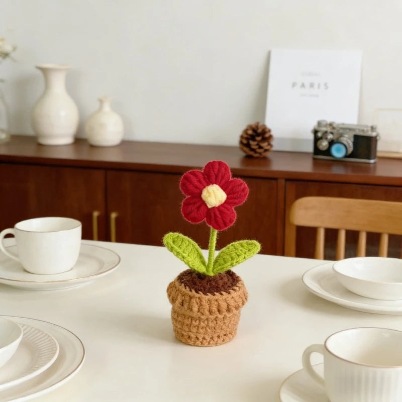 Knitted Flower Pot Red Heart Home Decor Gift
