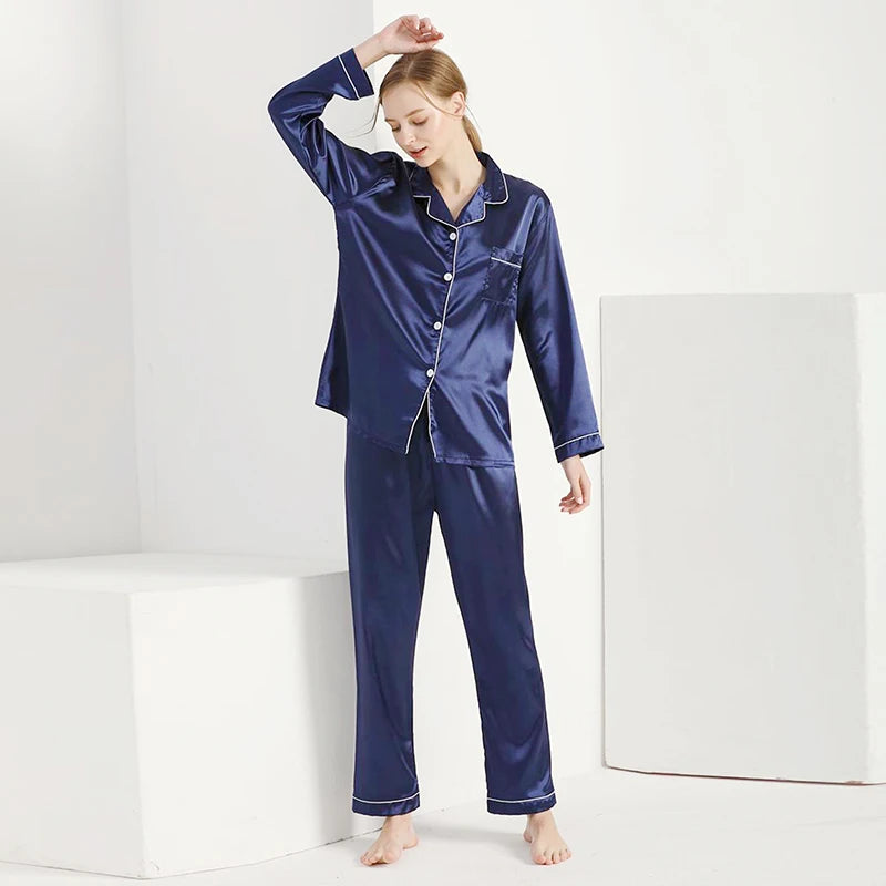Satin Lapel Button Women Pajama Set