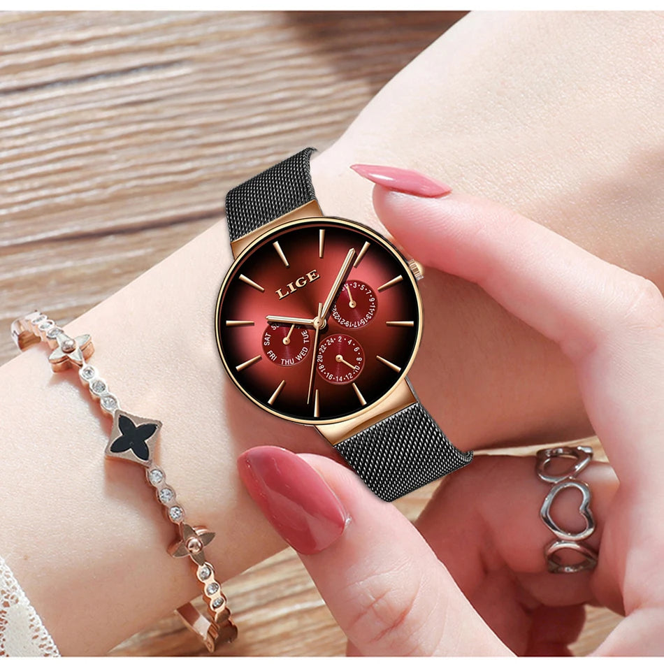 LIGE Women's Mesh Belt Quartz Watch Date