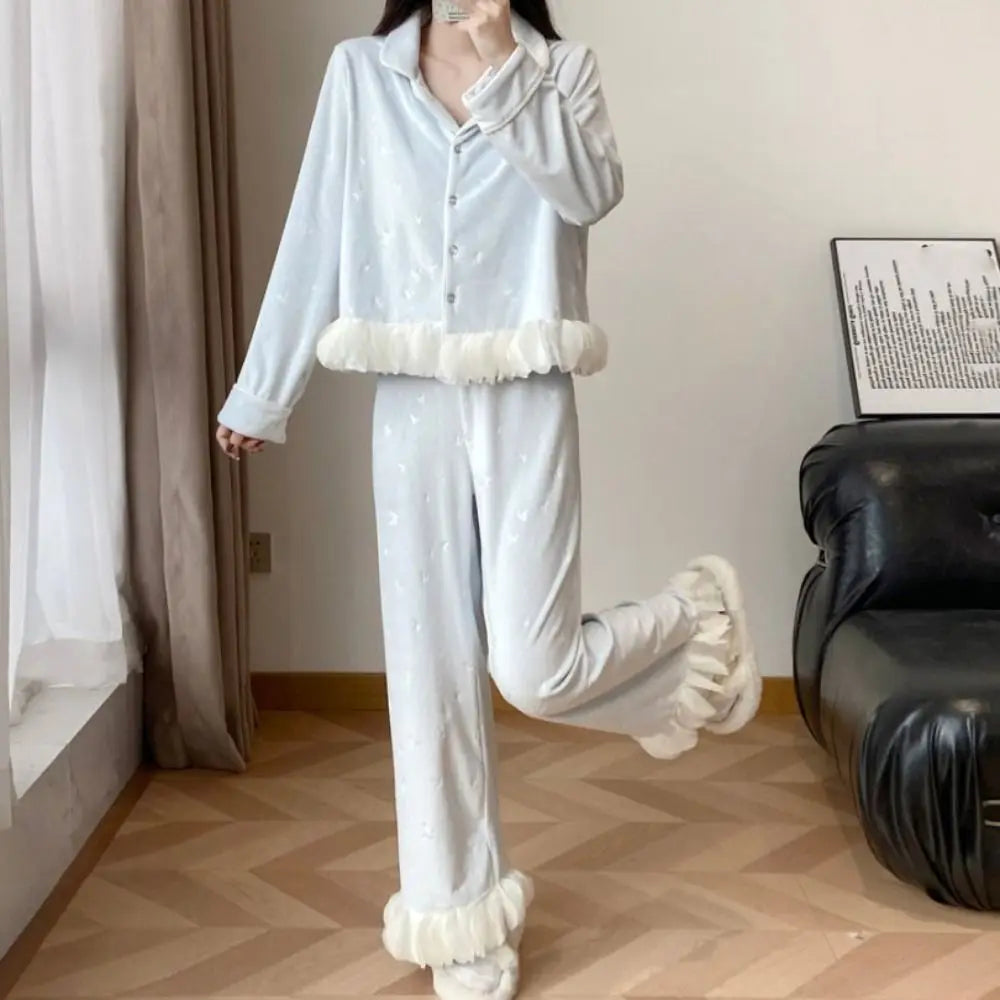 Women's Velvet Bow Long Sleeve Pajama Set