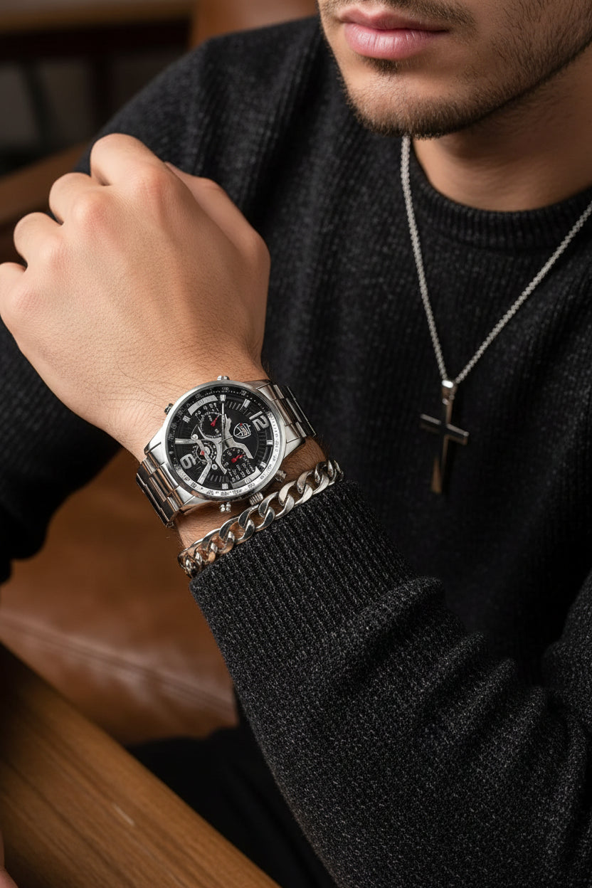 Men's Fashion Watch Set with Necklace & Bracelet (5pcs)