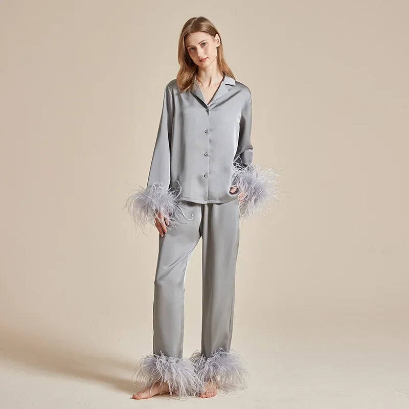 Women's Feather Silk Satin Pajama Set