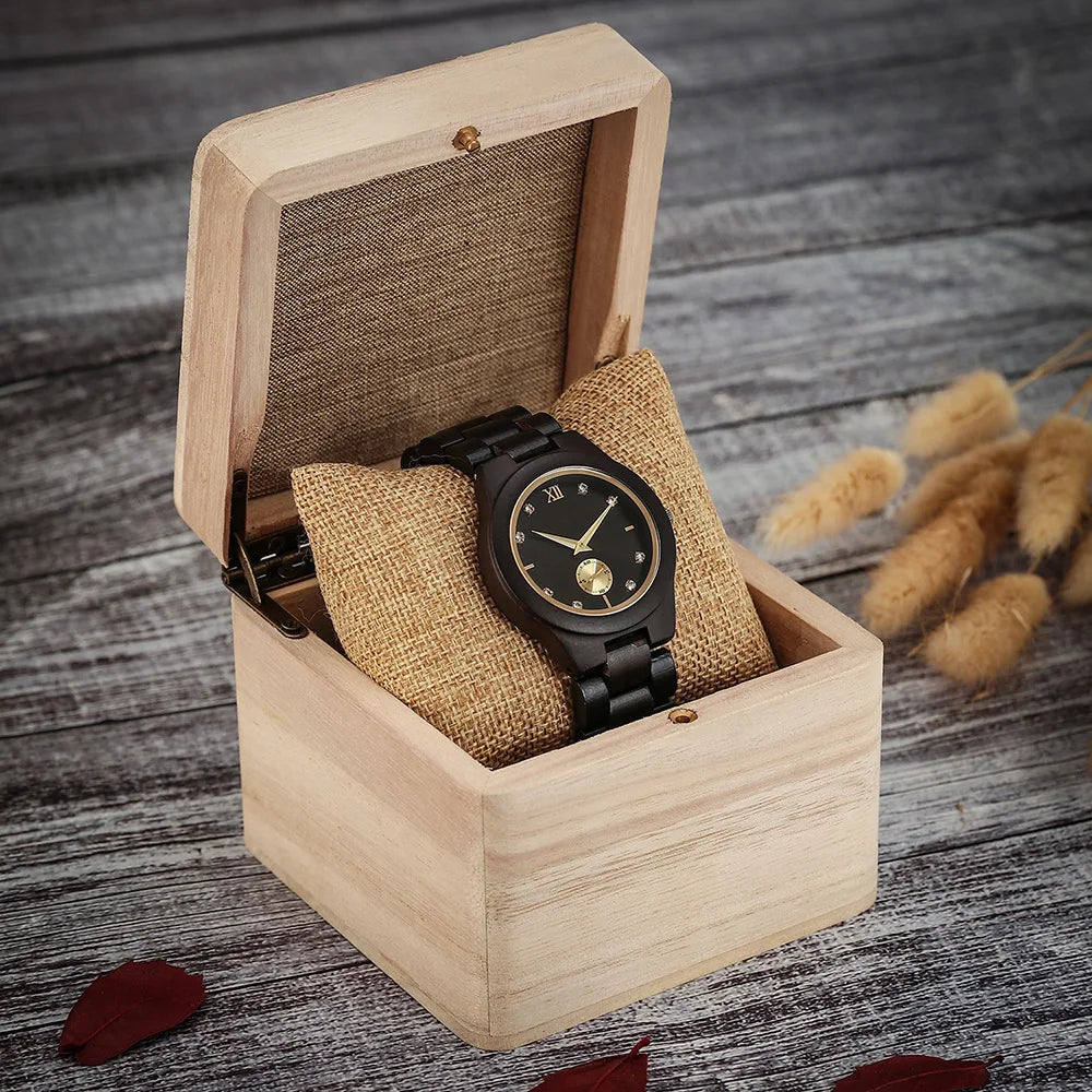 Women's Wood & Diamond Dial Quartz Watch
