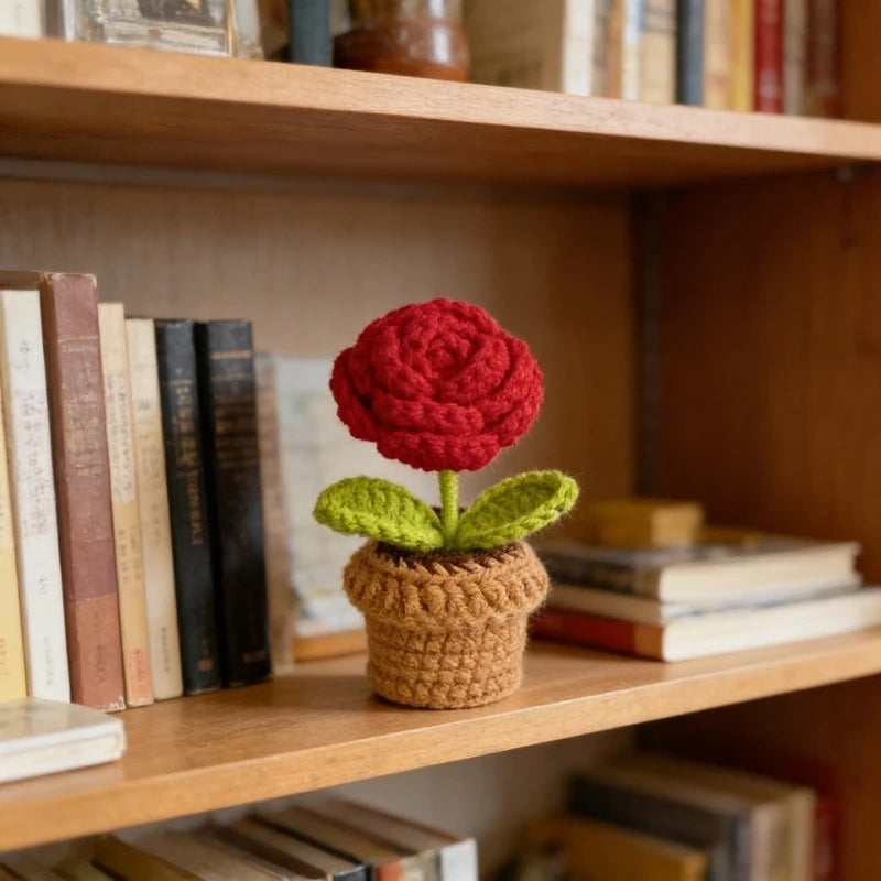 Knitted Flower Pot Red Heart Home Decor Gift