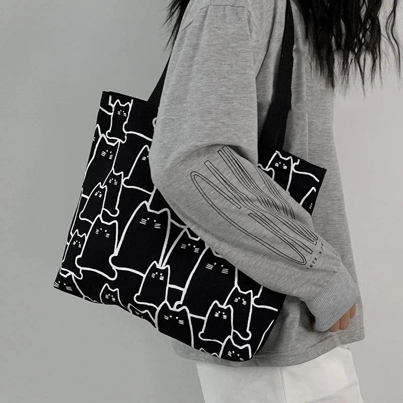 Cute Cat Canvas Tote Bag with Zipper