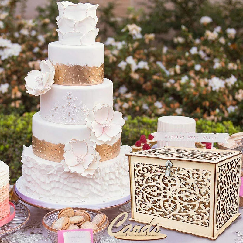 Wooden Wedding Card Box with Lock Decor
