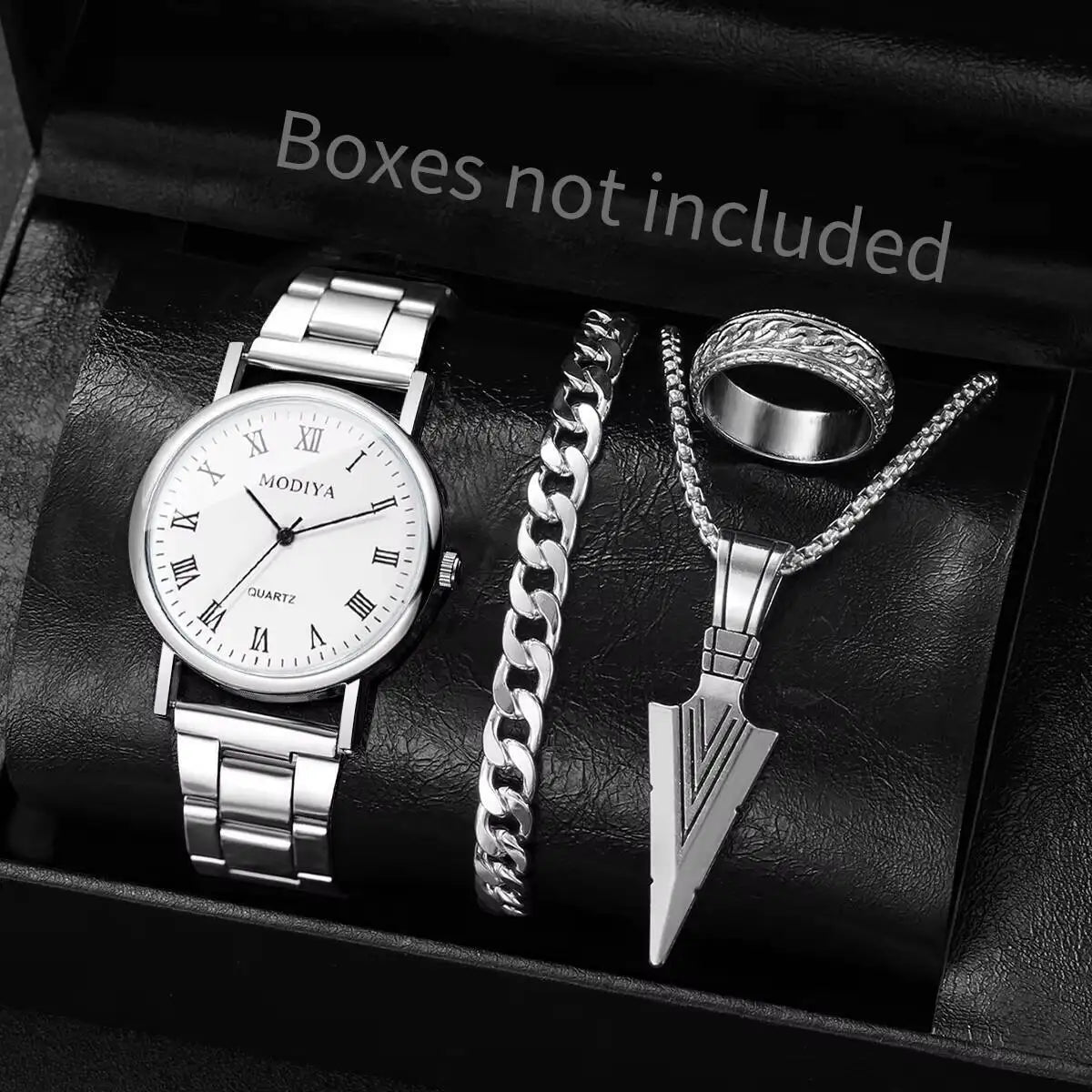 Men's Roman Dial Watch & Jewelry Set (4pcs)