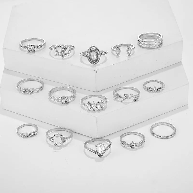 Women's Zircon Geometric Ring Set 15 Pcs